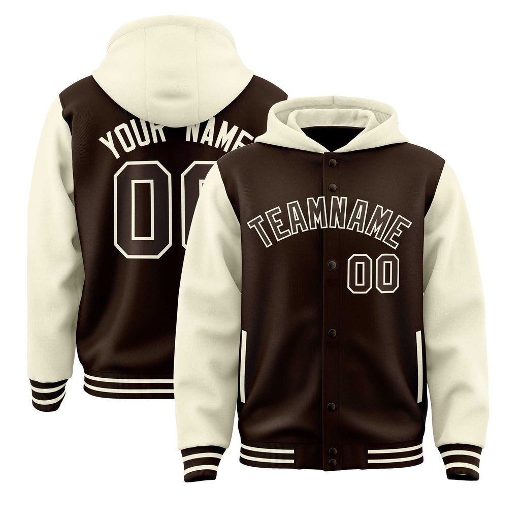 Custom Brown Cream Raglan Sleeves Varsity Full-Snap Letterman Two Tone Jacket Hoodie