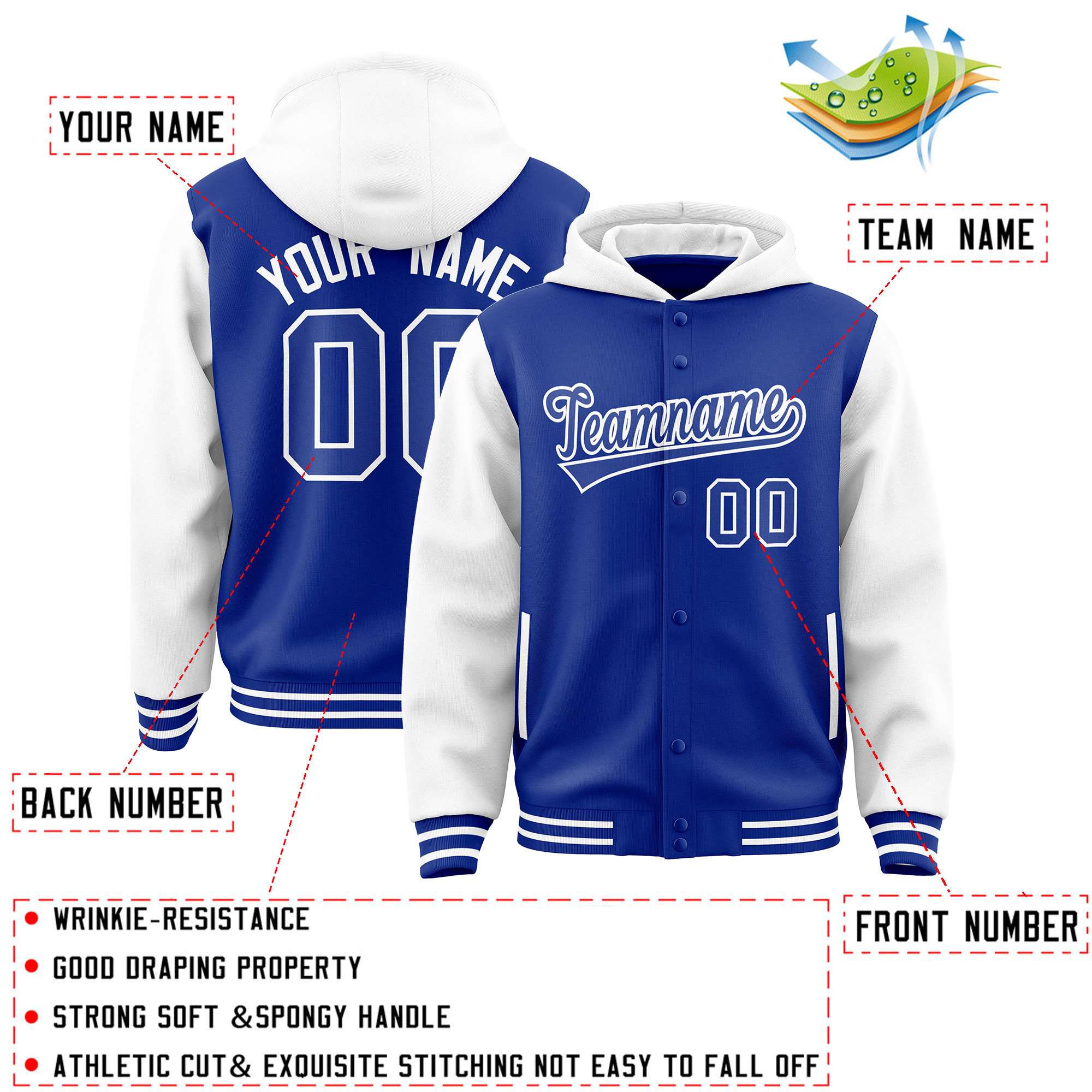 Custom Royal White Raglan Sleeves Varsity Full-Snap Letterman Two Tone Jacket Hoodie