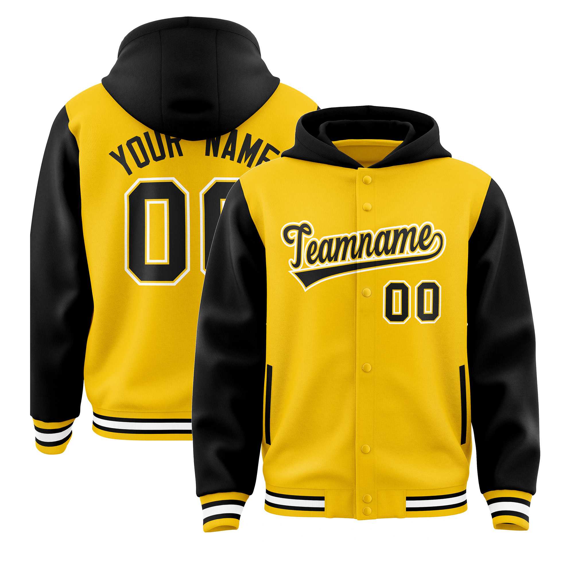 Custom Gold Black Raglan Sleeves Varsity Full-Snap Letterman Two Tone Jacket Hoodie
