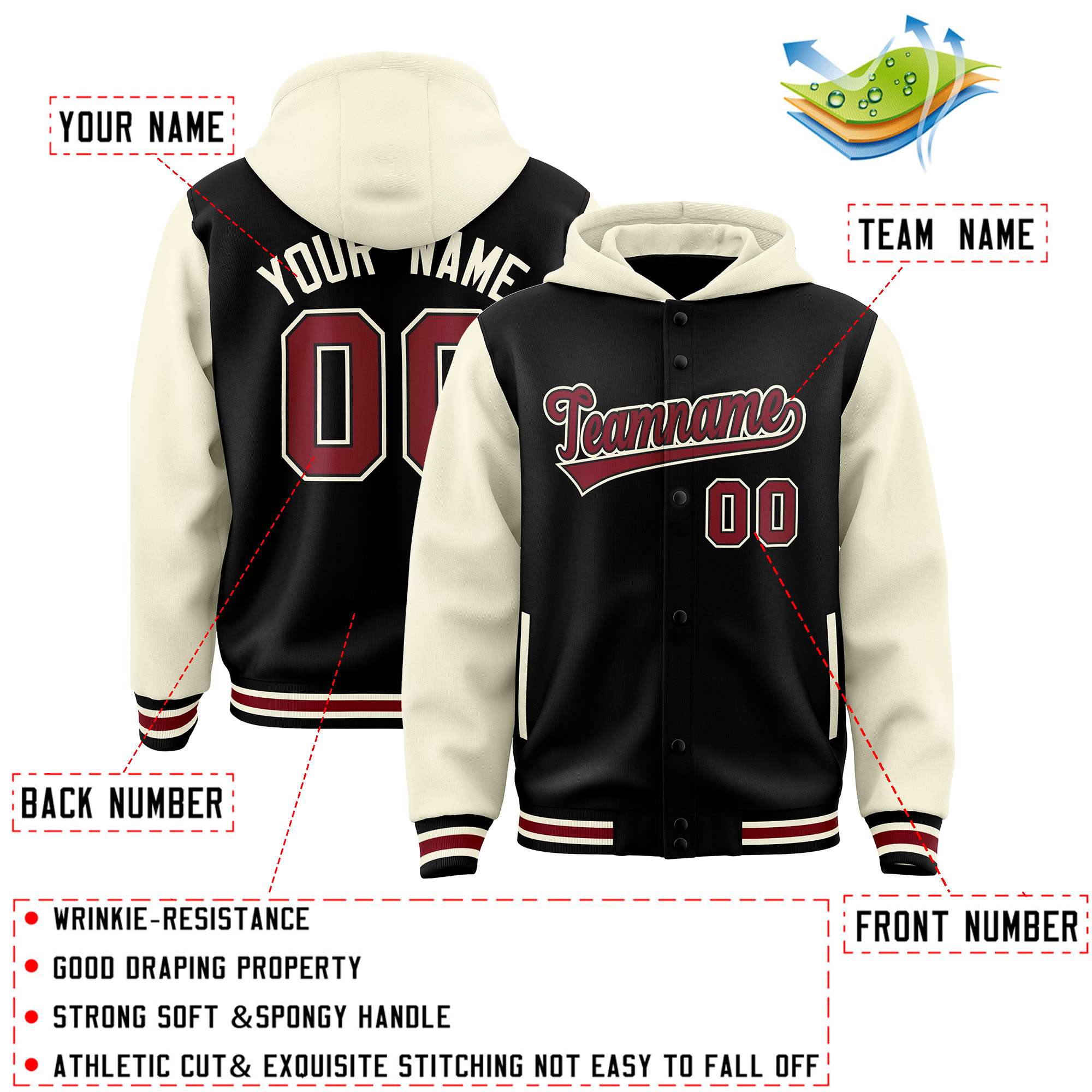 Custom Black Cream Raglan Sleeves Varsity Full-Snap Letterman Two Tone Jacket Hoodie