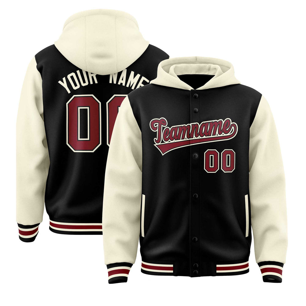 Custom Black Cream Raglan Sleeves Varsity Full-Snap Letterman Two Tone Jacket Hoodie