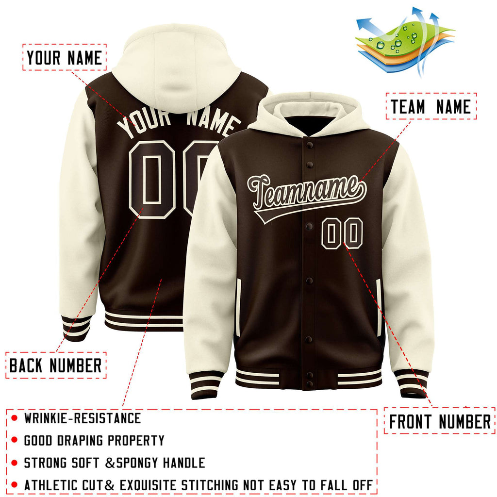 Custom Brown Cream Raglan Sleeves Varsity Full-Snap Letterman Two Tone Jacket Hoodie