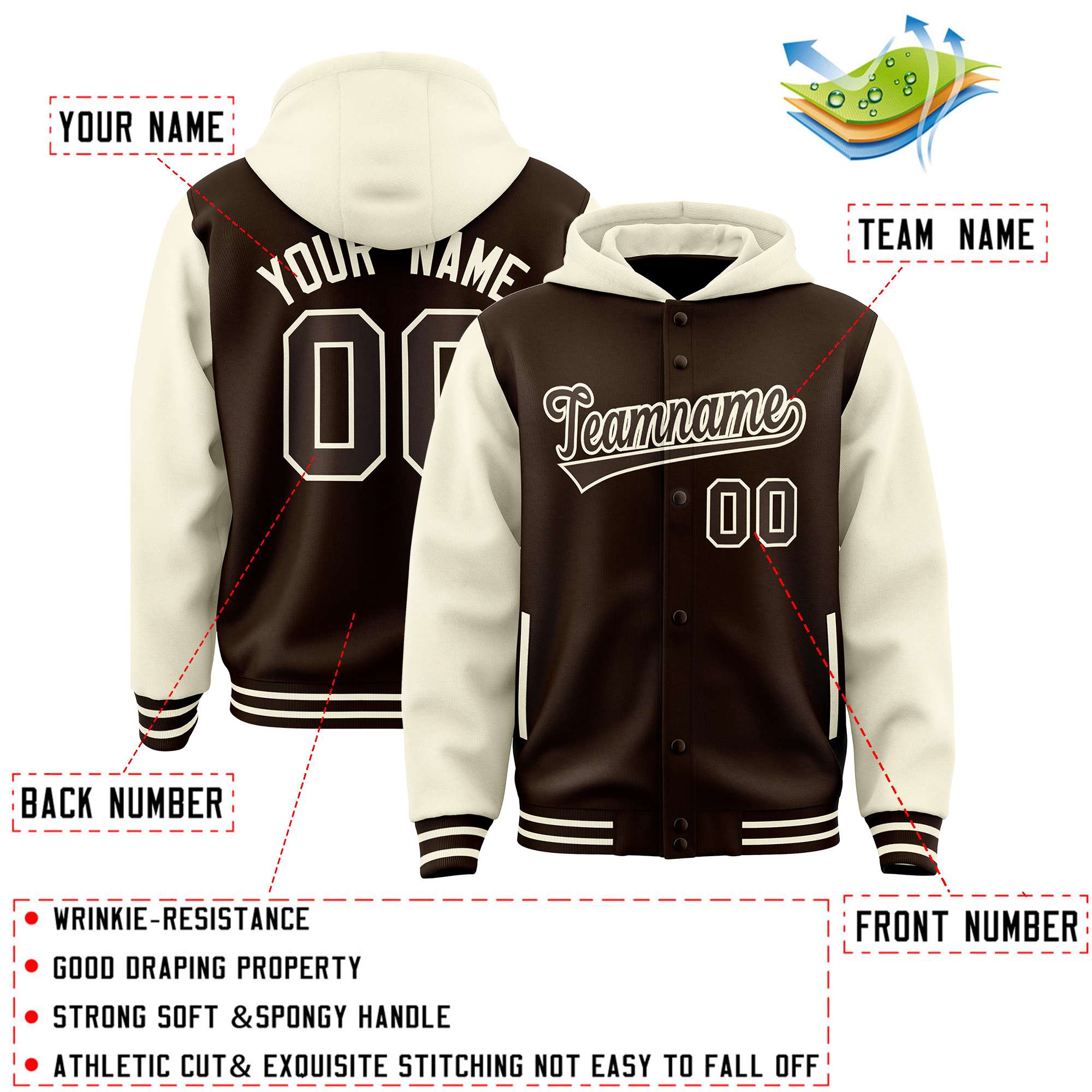 Custom Brown Cream Raglan Sleeves Varsity Full-Snap Letterman Two Tone Jacket Hoodie
