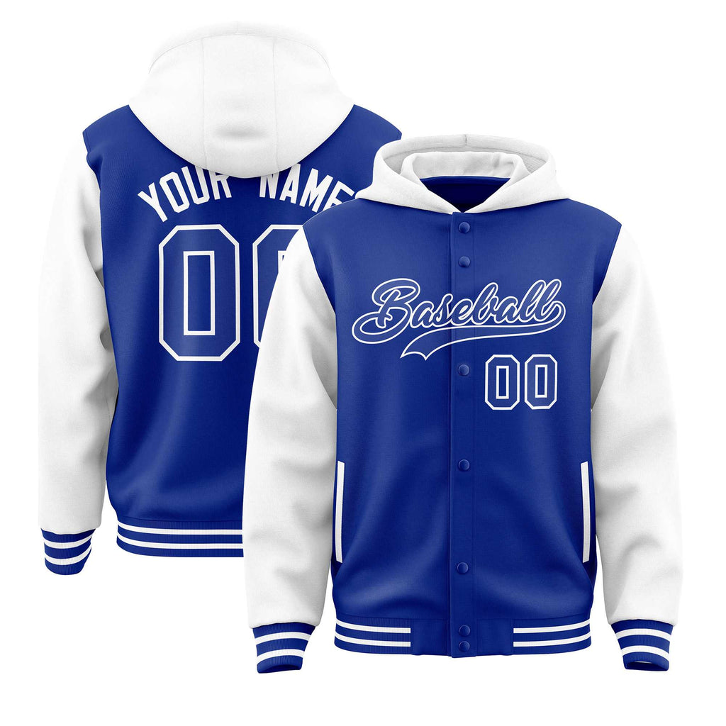 Custom Royal White Raglan Sleeves Varsity Full-Snap Letterman Two Tone Jacket Hoodie