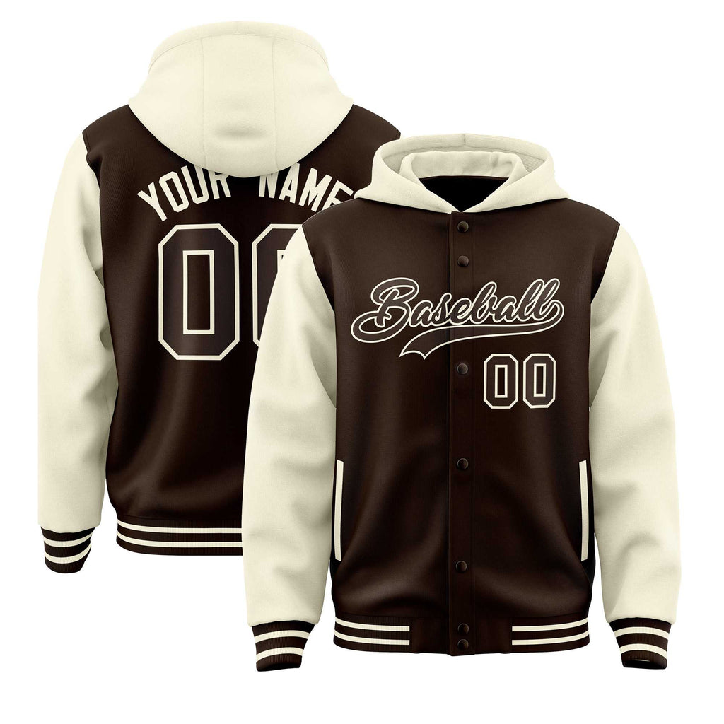 Custom Brown Cream Raglan Sleeves Varsity Full-Snap Letterman Two Tone Jacket Hoodie