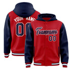 Custom Red Navy Raglan Sleeves Varsity Full-Snap Letterman Two Tone Jacket Hoodie