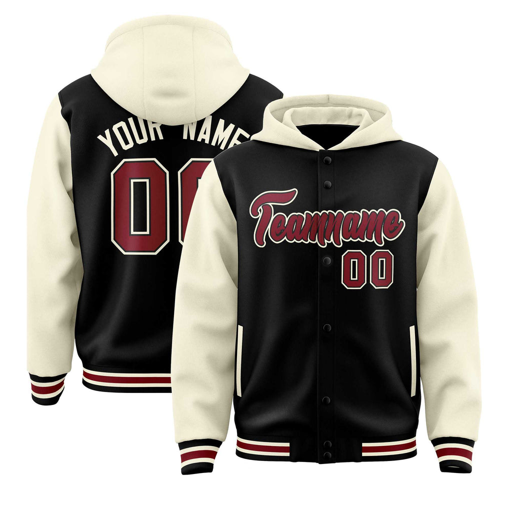 Custom Black Cream Raglan Sleeves Varsity Full-Snap Letterman Two Tone Jacket Hoodie