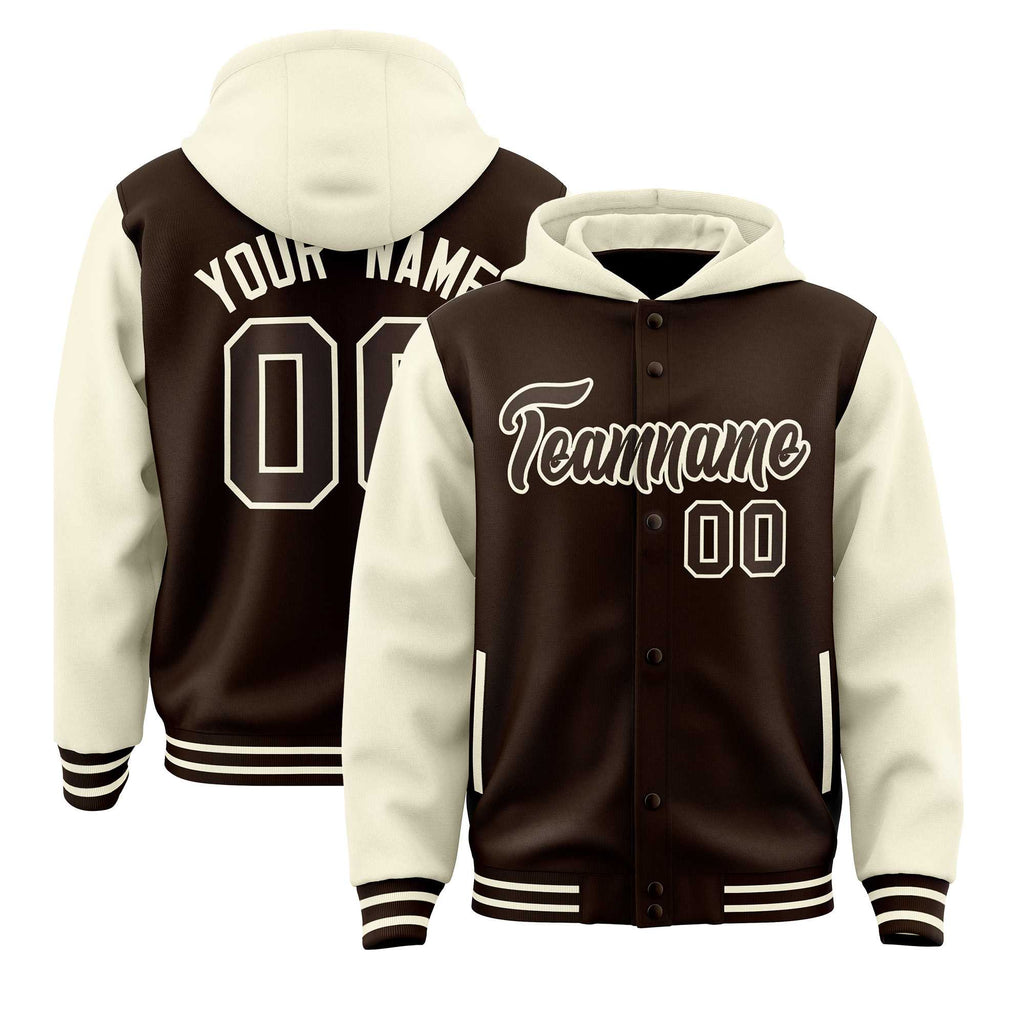 Custom Brown Cream Raglan Sleeves Varsity Full-Snap Letterman Two Tone Jacket Hoodie