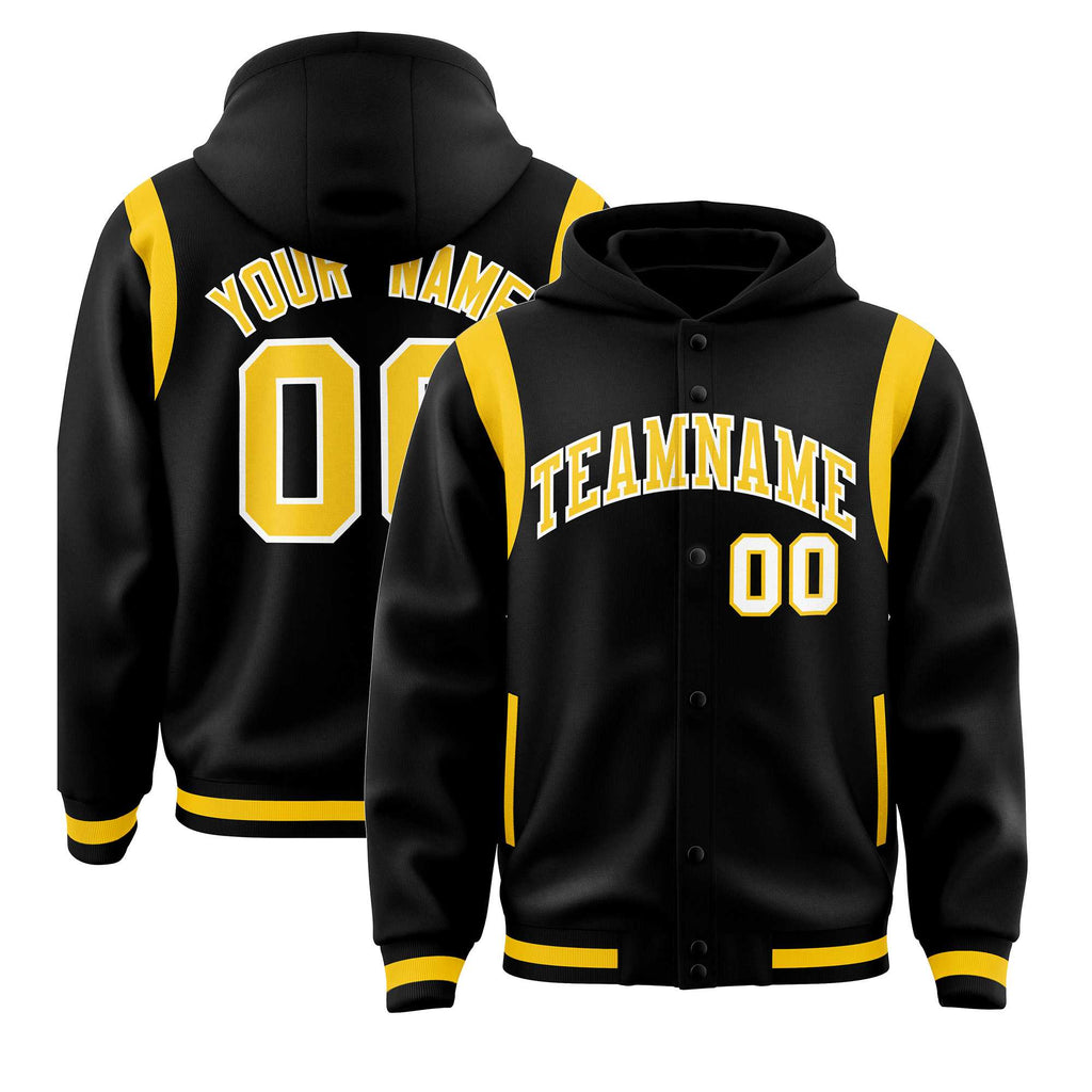 Custom Black Gold Varsity Full-Snap Letterman Shoulder Color Block Jacket Hoodie