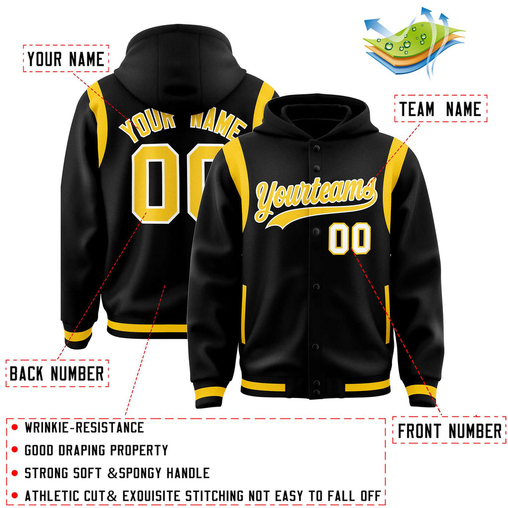 Custom Black Gold Varsity Full-Snap Letterman Shoulder Color Block Jacket Hoodie