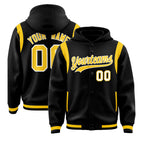 Custom Black Gold Varsity Full-Snap Letterman Shoulder Color Block Jacket Hoodie
