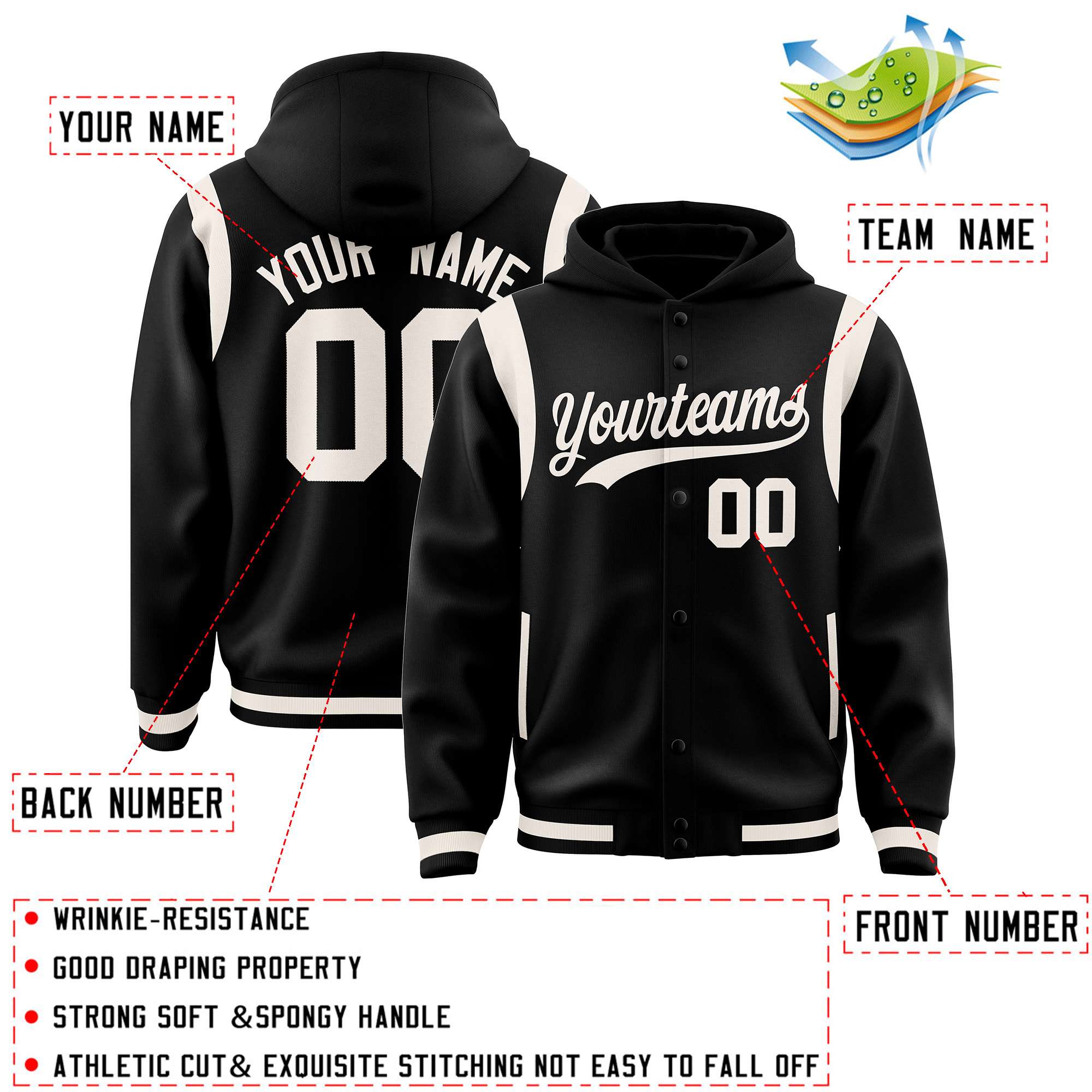 Custom Black Cream Varsity Full-Snap Letterman Shoulder Color Block Jacket Hoodie
