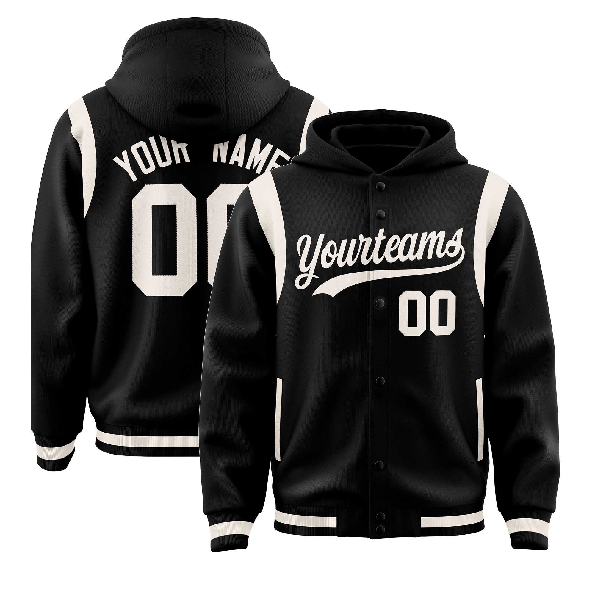 Custom Black Cream Varsity Full-Snap Letterman Shoulder Color Block Jacket Hoodie