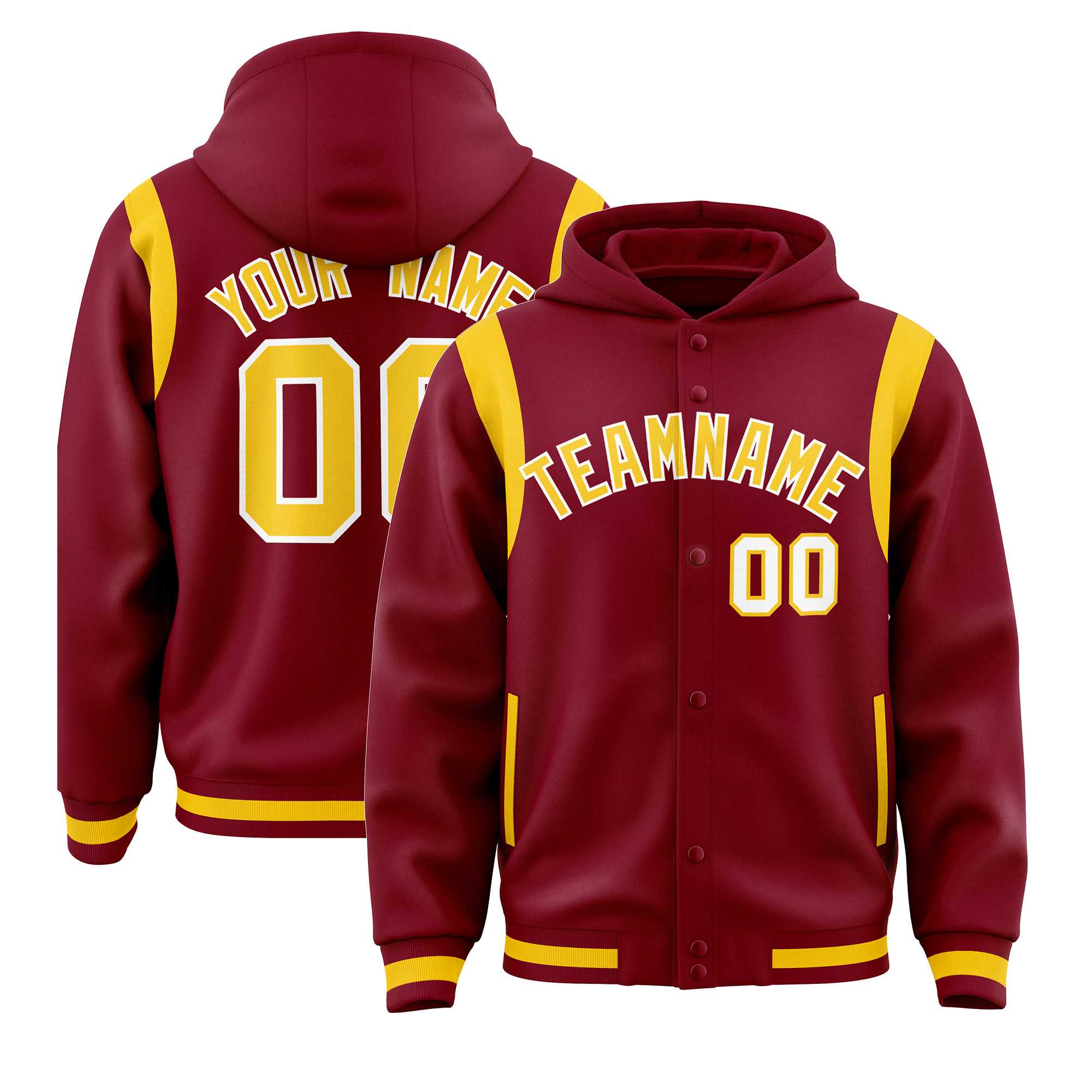Custom Crimson Gold Varsity Full-Snap Letterman Shoulder Color Block Jacket Hoodie