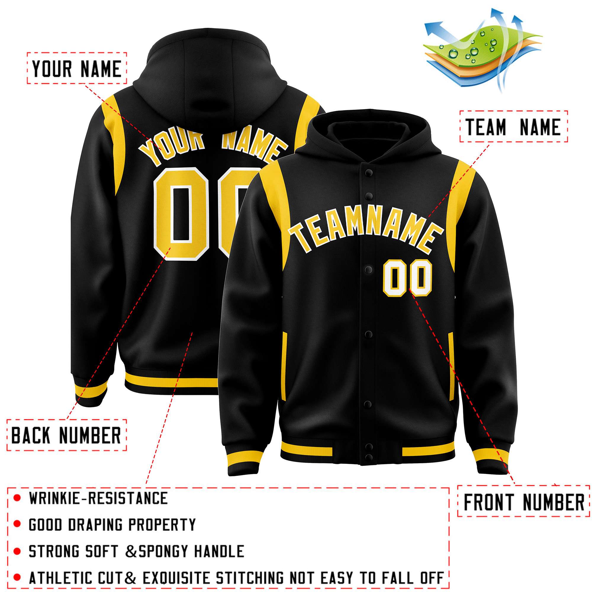 Custom Black Gold Varsity Full-Snap Letterman Shoulder Color Block Jacket Hoodie