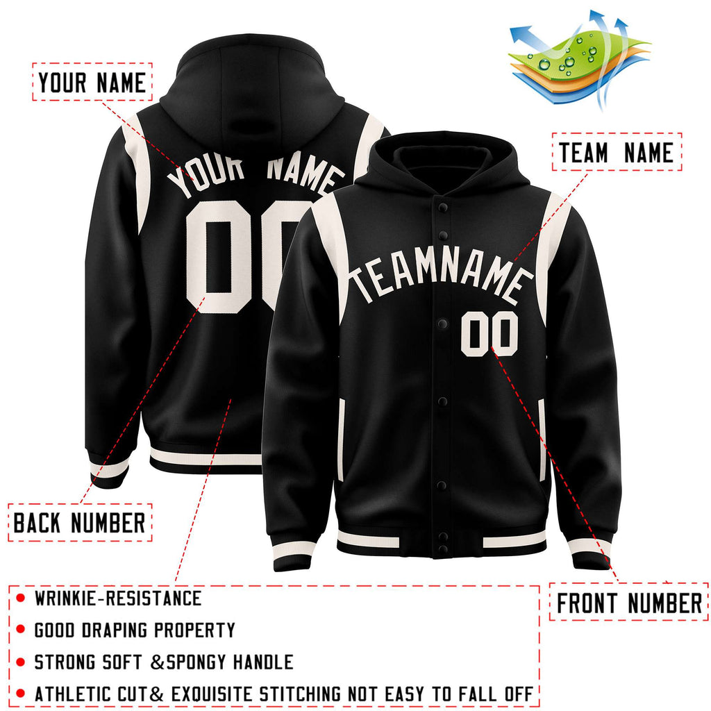 Custom Black Cream Varsity Full-Snap Letterman Shoulder Color Block Jacket Hoodie