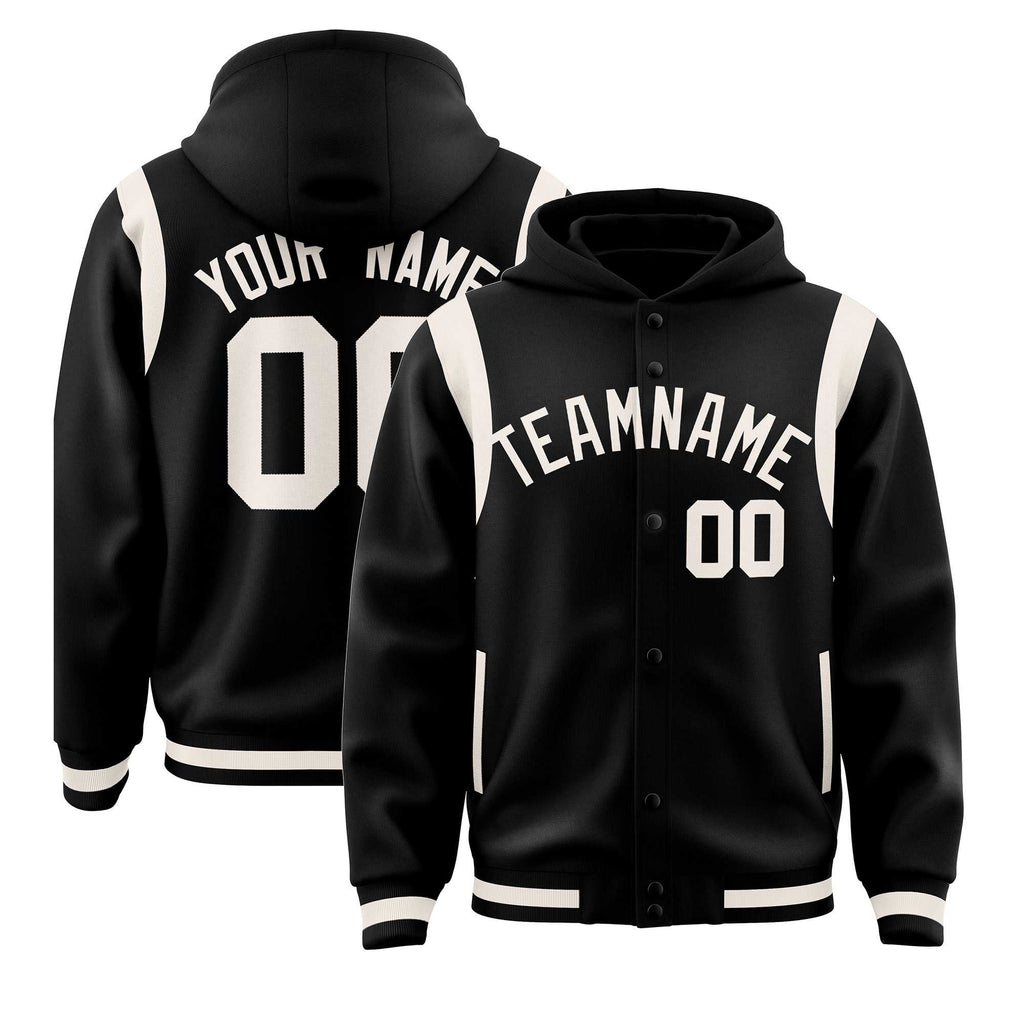Custom Black Cream Varsity Full-Snap Letterman Shoulder Color Block Jacket Hoodie