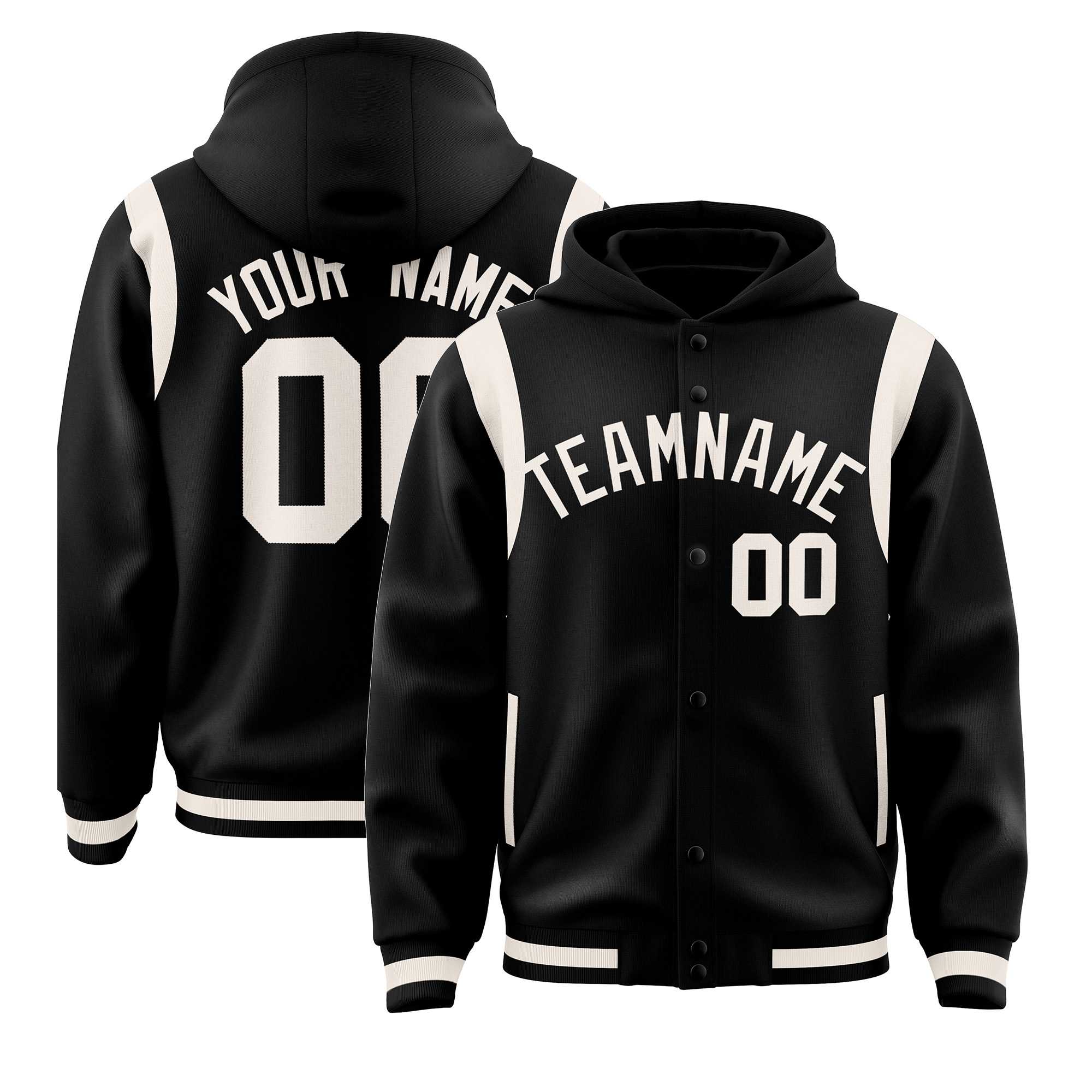 Custom Black Cream Varsity Full-Snap Letterman Shoulder Color Block Jacket Hoodie