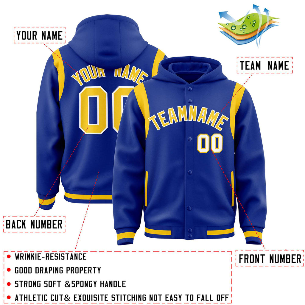 Custom Royal Gold Varsity Full-Snap Letterman Shoulder Color Block Jacket Hoodie