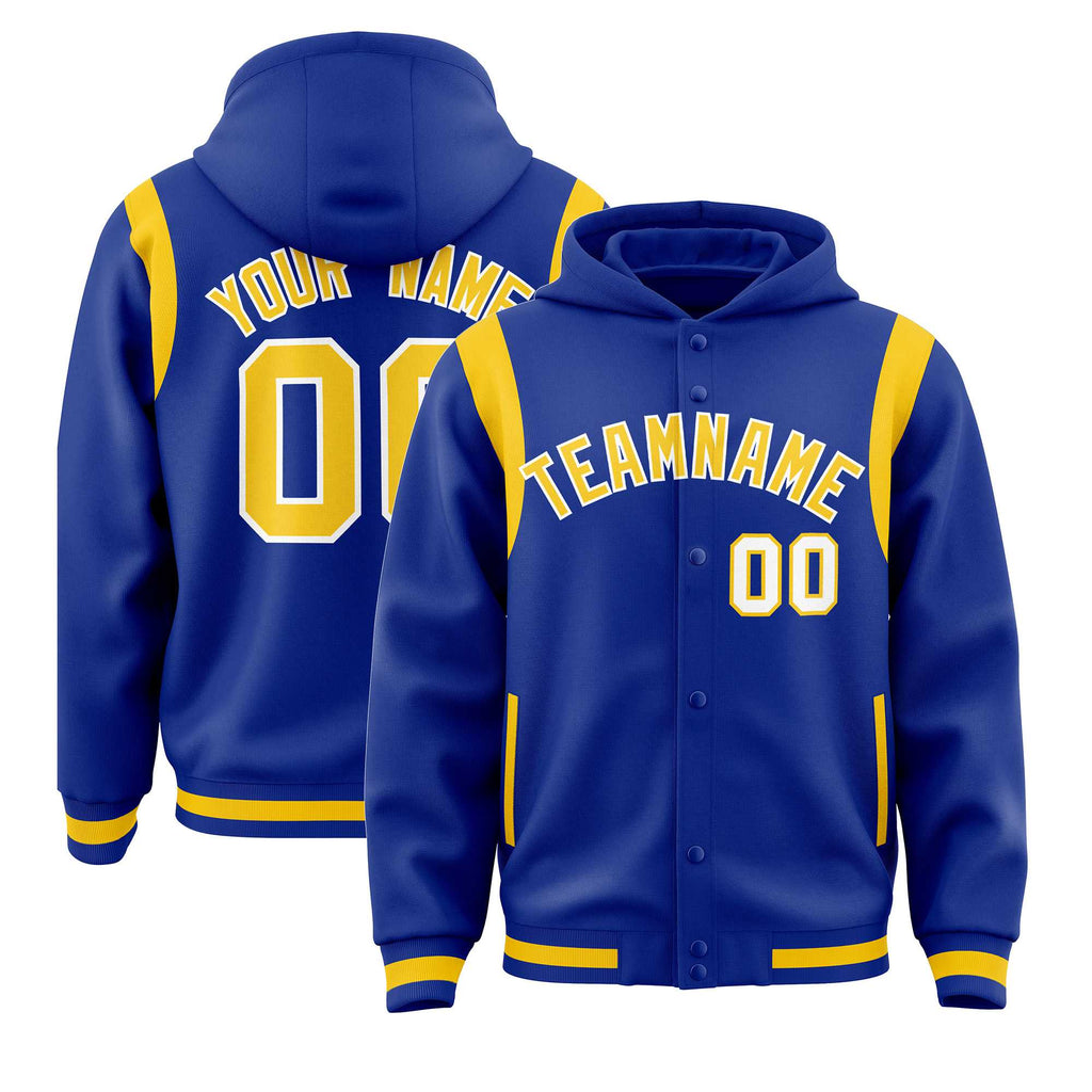 Custom Royal Gold Varsity Full-Snap Letterman Shoulder Color Block Jacket Hoodie