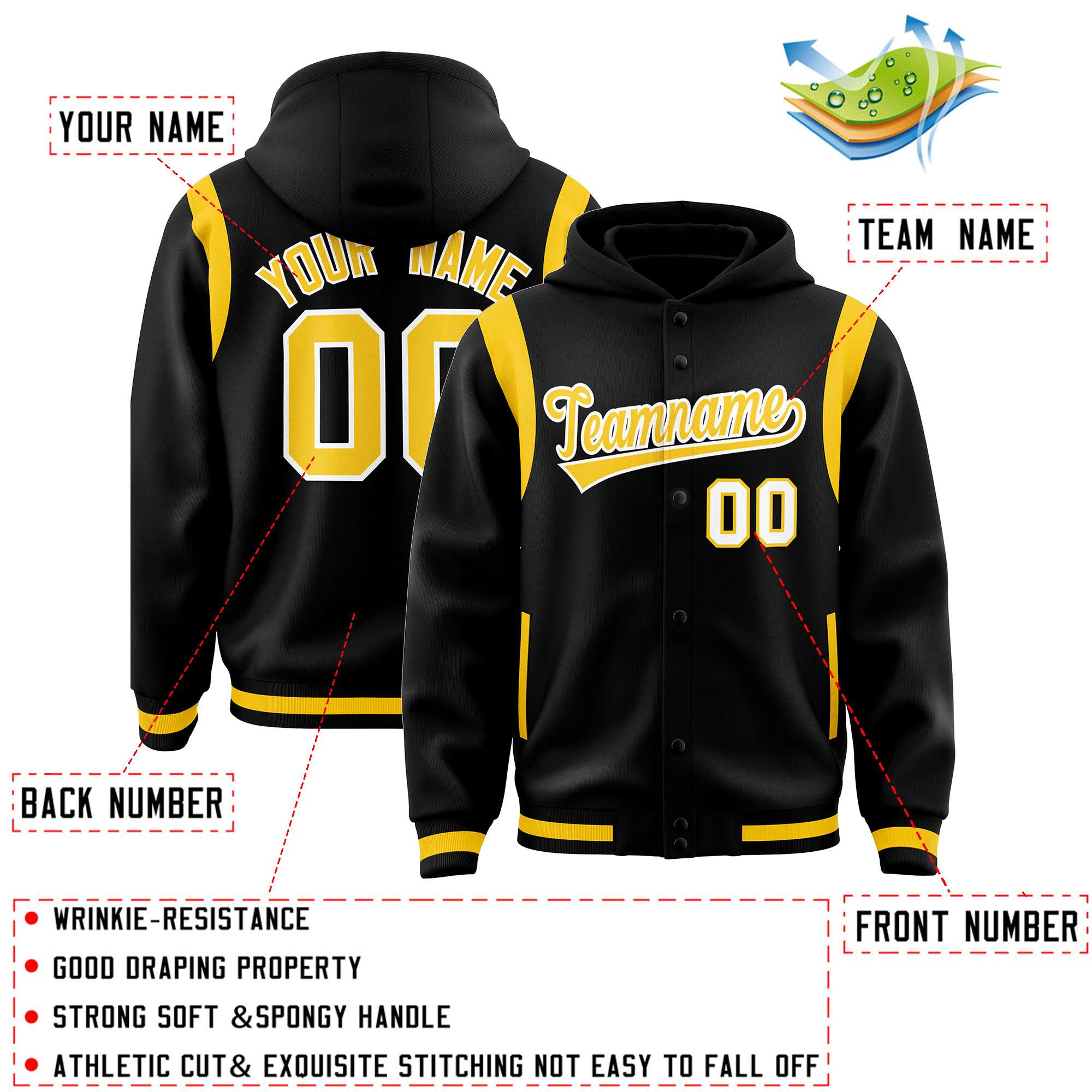 Custom Black Gold Varsity Full-Snap Letterman Shoulder Color Block Jacket Hoodie