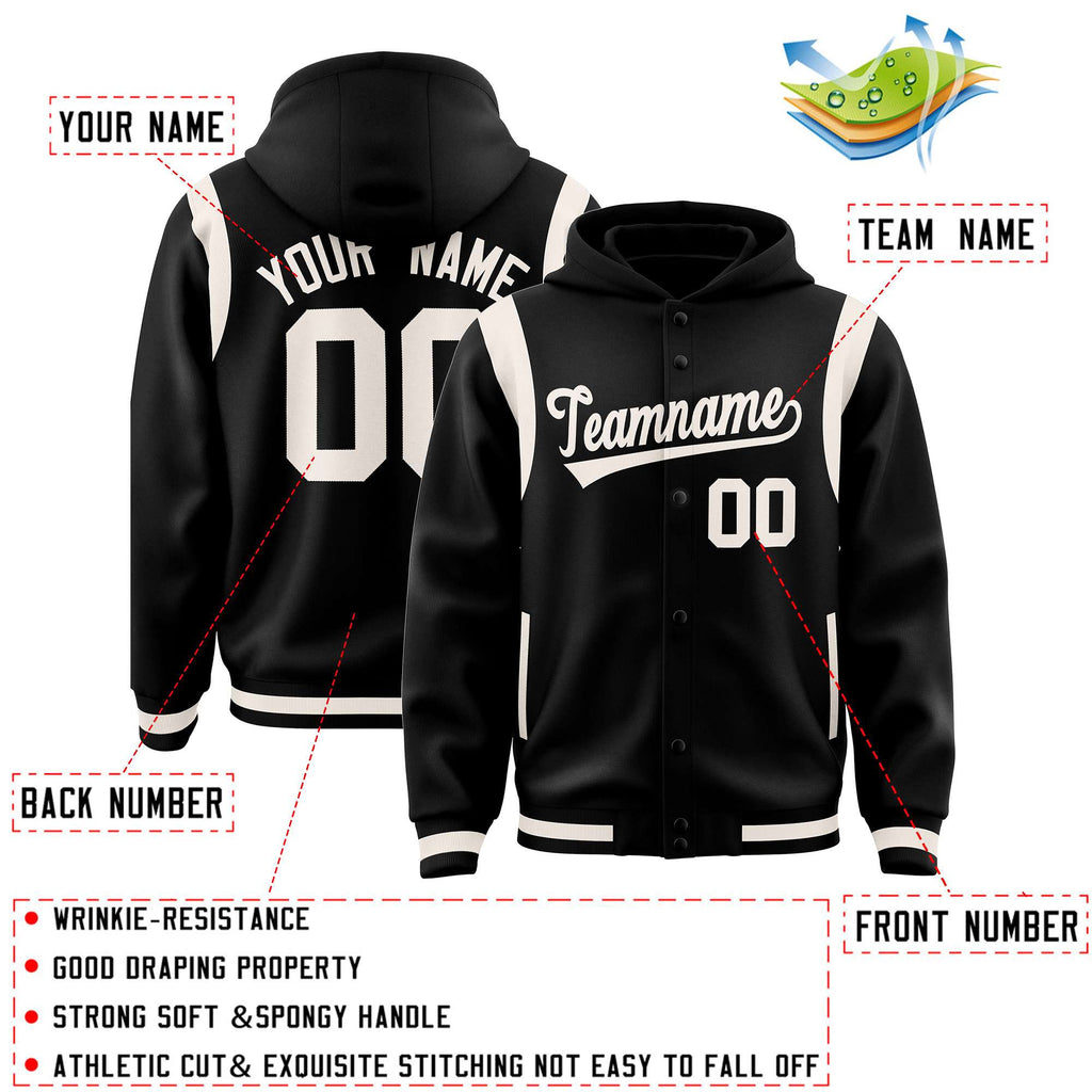 Custom Black Cream Varsity Full-Snap Letterman Shoulder Color Block Jacket Hoodie