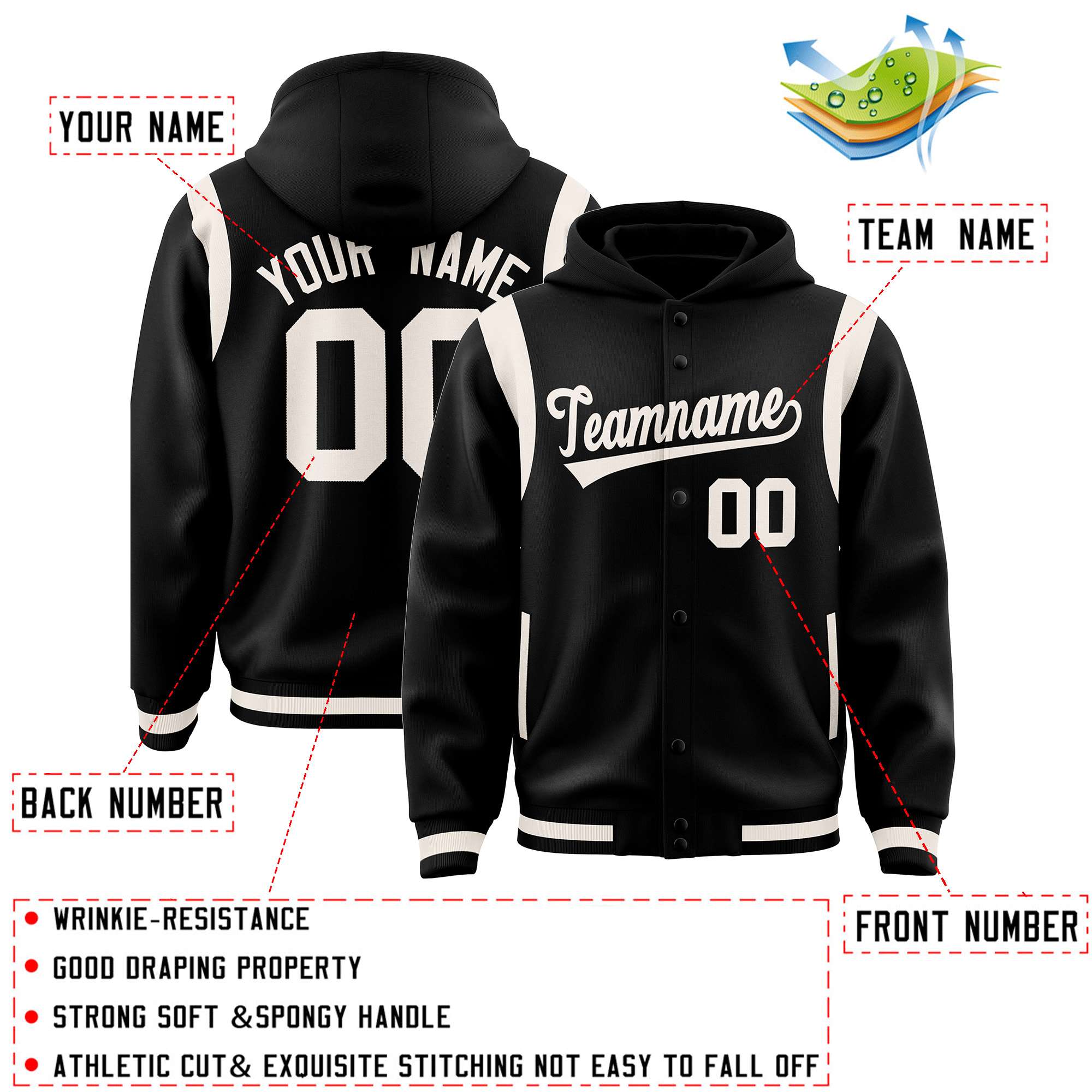 Custom Black Cream Varsity Full-Snap Letterman Shoulder Color Block Jacket Hoodie