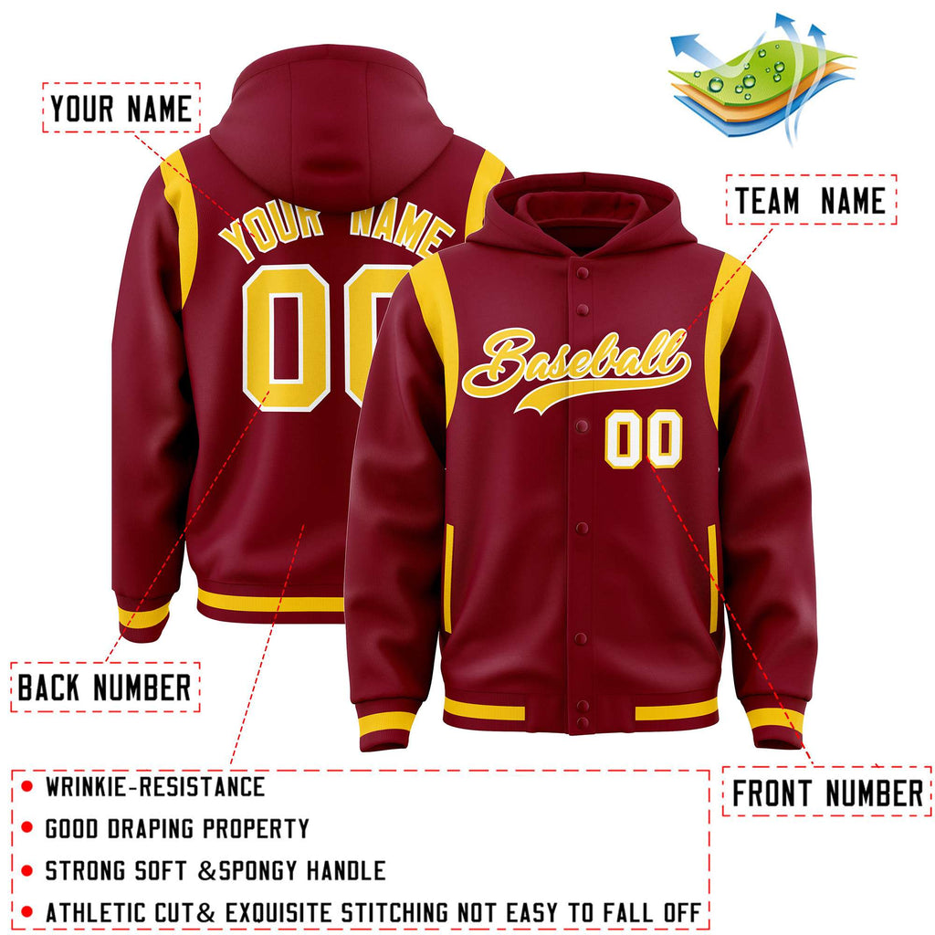 Custom Crimson Gold Varsity Full-Snap Letterman Shoulder Color Block Jacket Hoodie