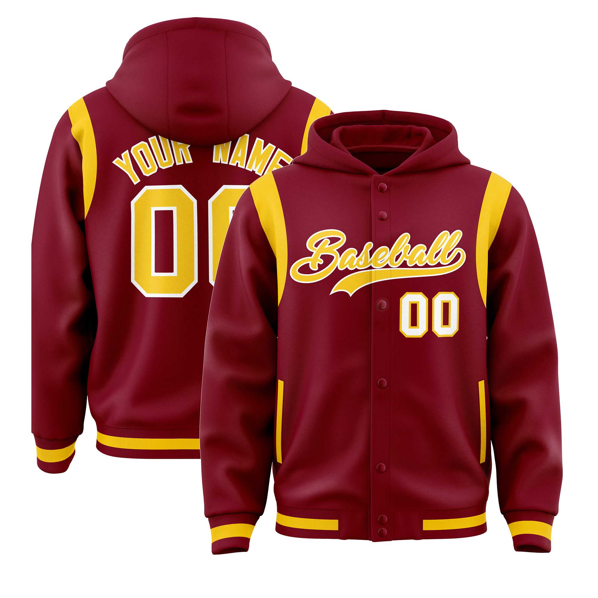 Custom Crimson Gold Varsity Full-Snap Letterman Shoulder Color Block Jacket Hoodie