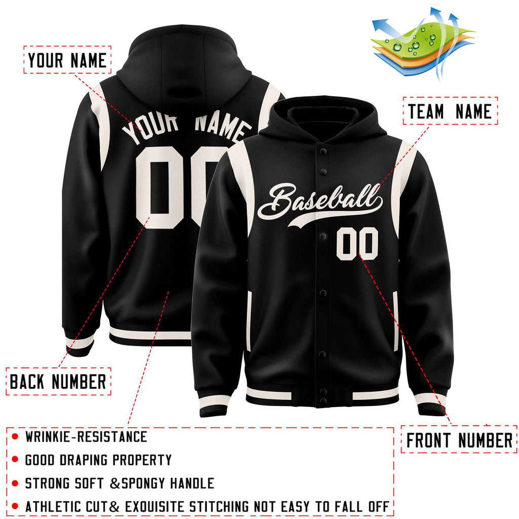 Custom Black Cream Varsity Full-Snap Letterman Shoulder Color Block Jacket Hoodie