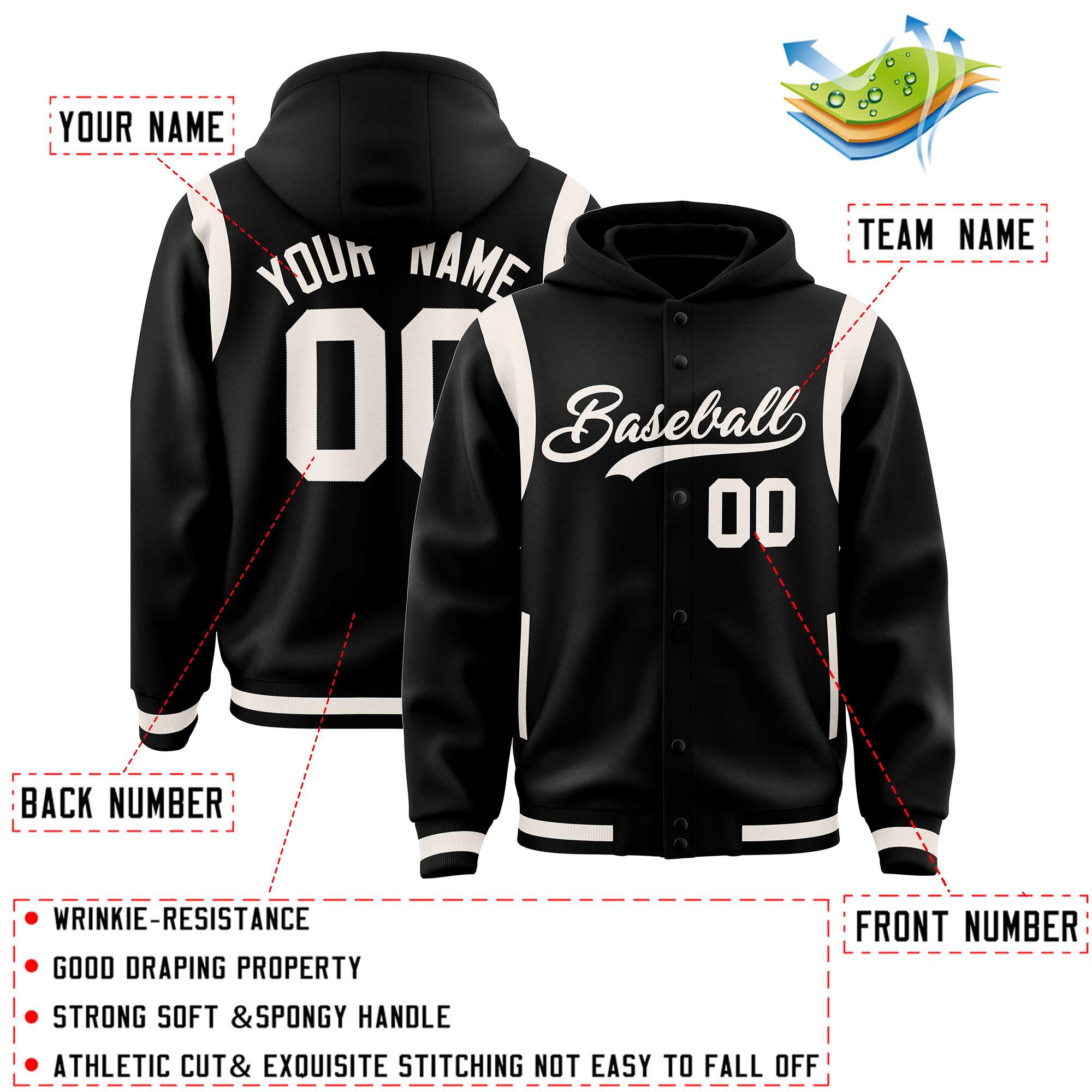 Custom Black Cream Varsity Full-Snap Letterman Shoulder Color Block Jacket Hoodie