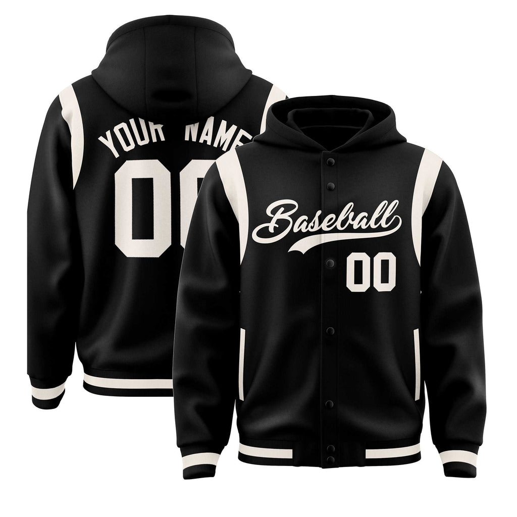 Custom Black Cream Varsity Full-Snap Letterman Shoulder Color Block Jacket Hoodie