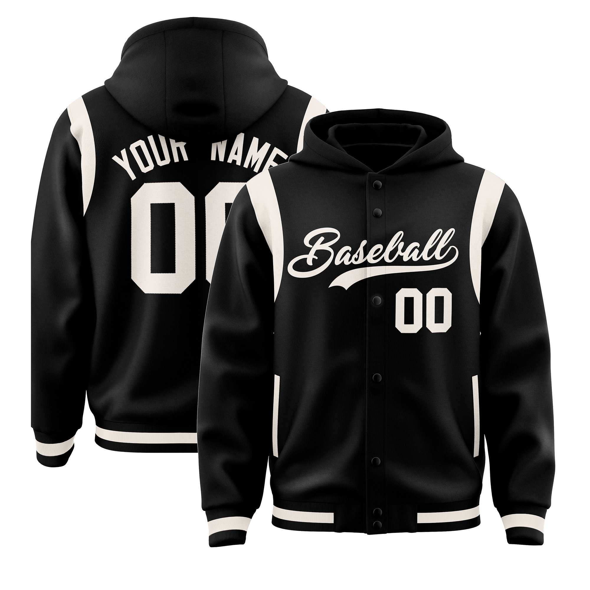 Custom Black Cream Varsity Full-Snap Letterman Shoulder Color Block Jacket Hoodie