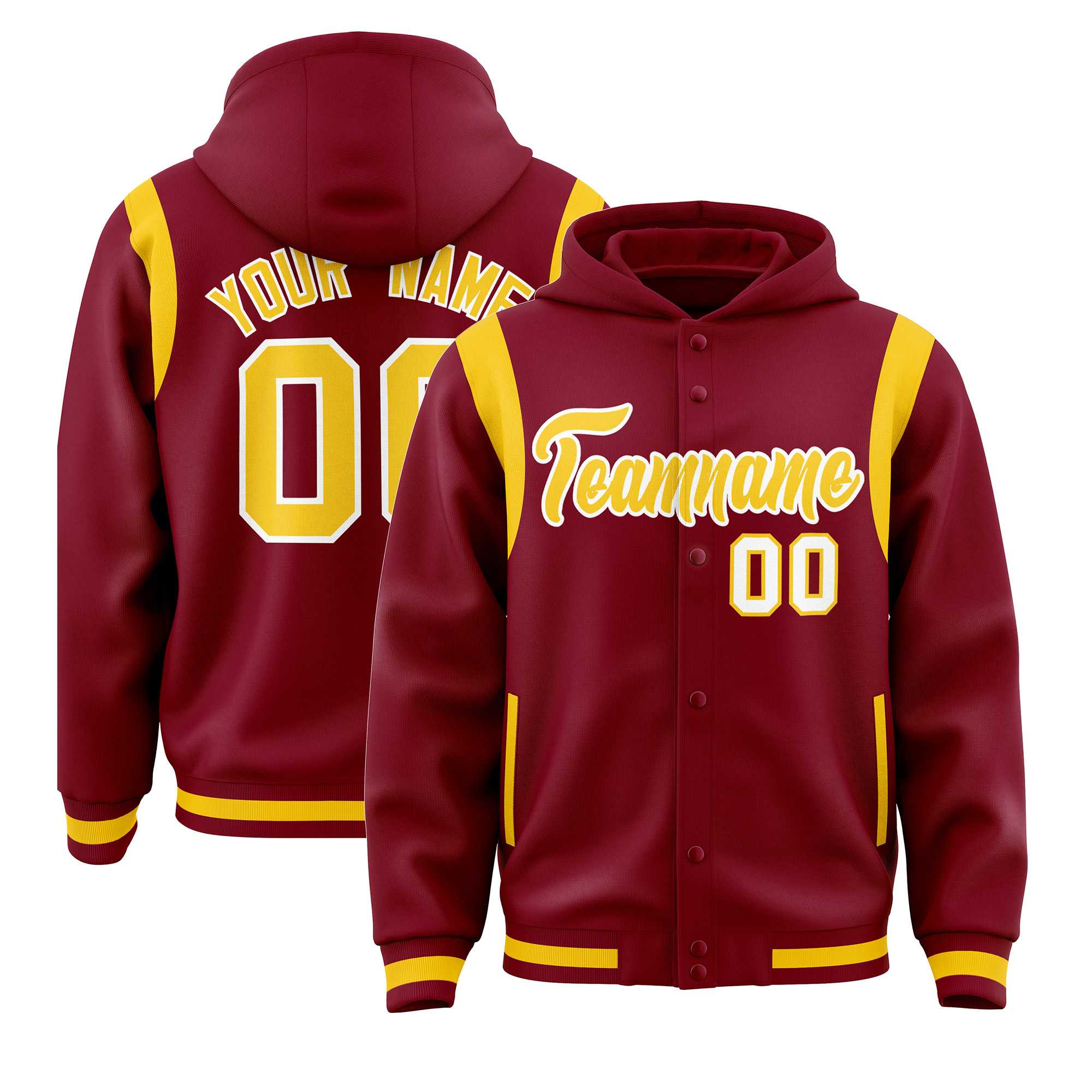 Custom Crimson Gold Varsity Full-Snap Letterman Shoulder Color Block Jacket Hoodie