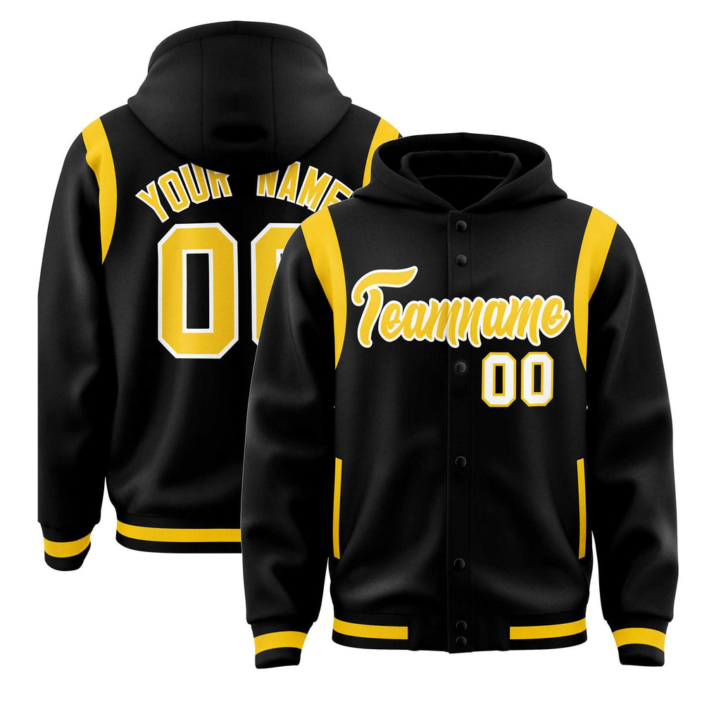 Custom Black Gold Varsity Full-Snap Letterman Shoulder Color Block Jacket Hoodie