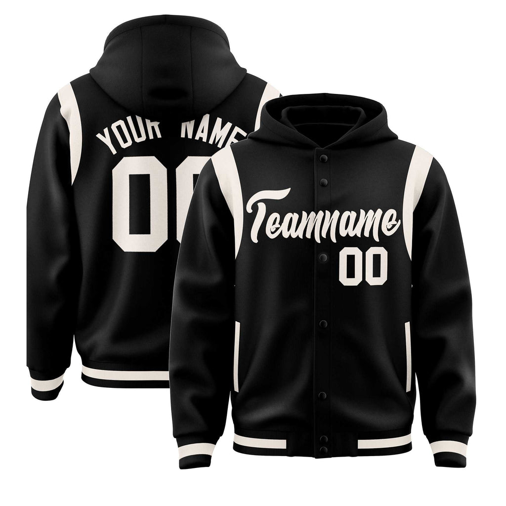 Custom Black Cream Varsity Full-Snap Letterman Shoulder Color Block Jacket Hoodie