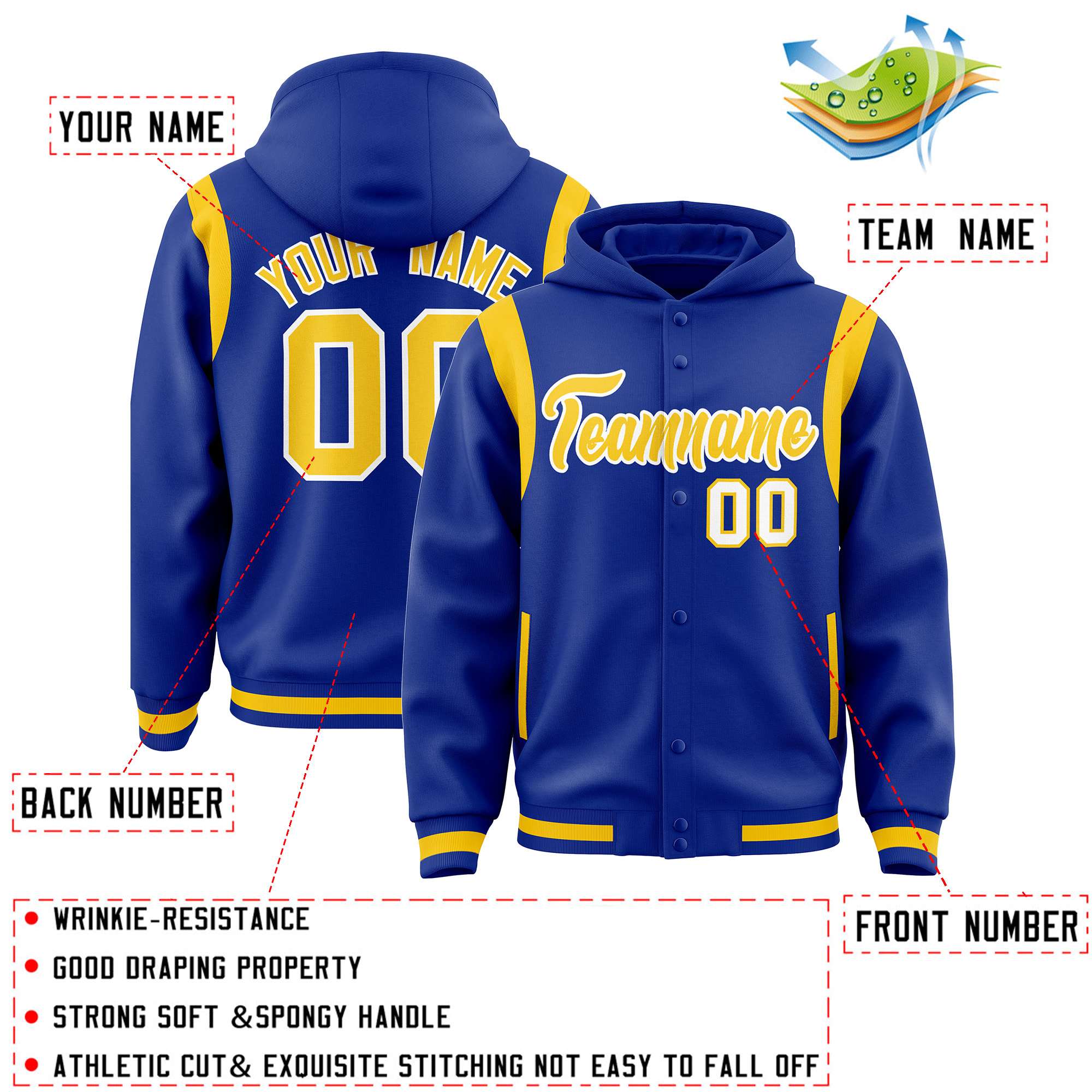 Custom Royal Gold Varsity Full-Snap Letterman Shoulder Color Block Jacket Hoodie