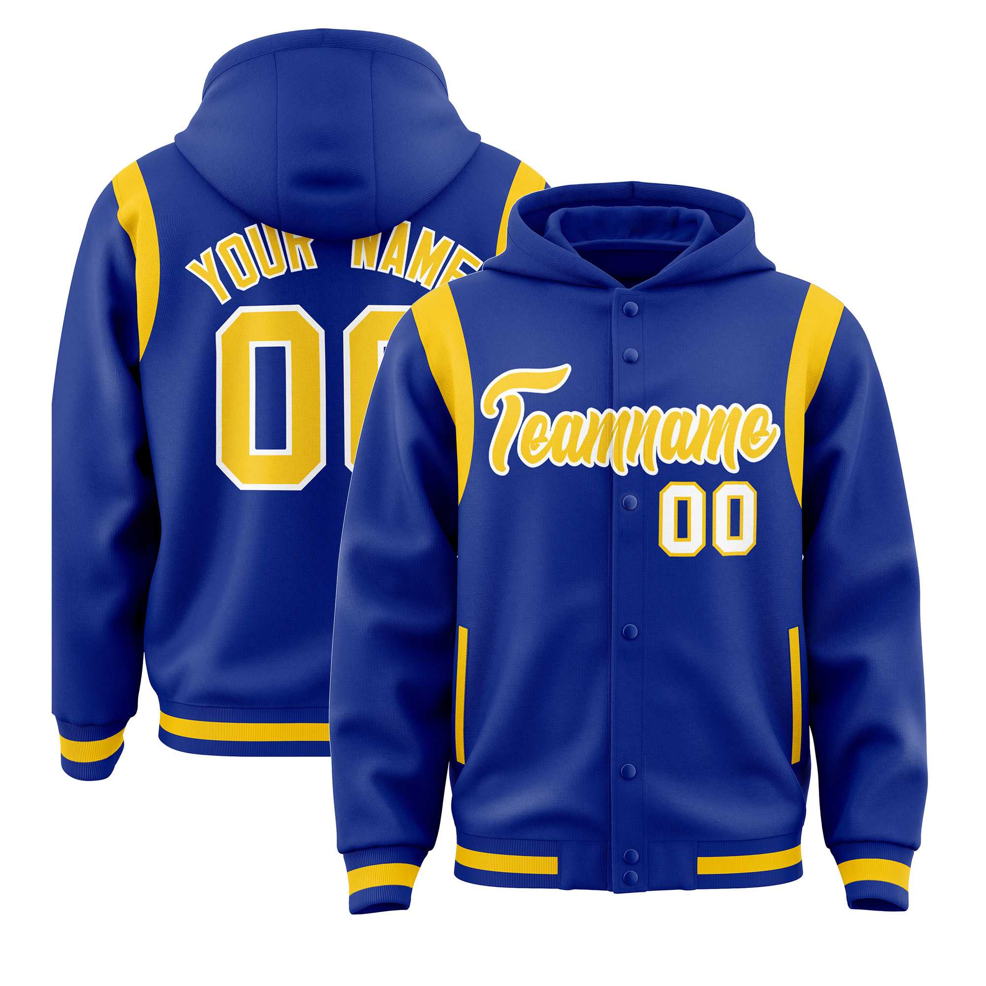Custom Royal Gold Varsity Full-Snap Letterman Shoulder Color Block Jacket Hoodie