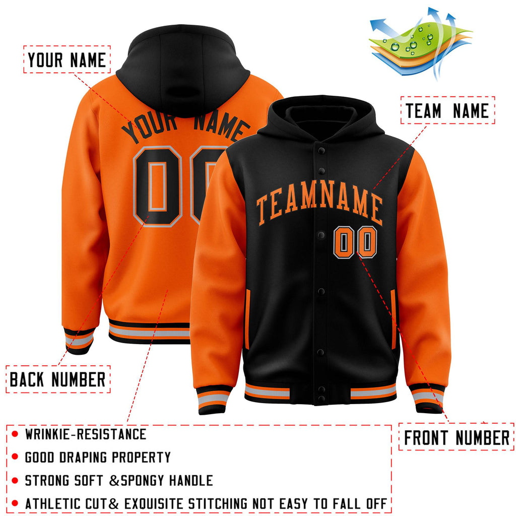 Custom Black Orange Raglan Sleeves Varsity Full-Snap Letterman Two Tone Jacket Hoodie