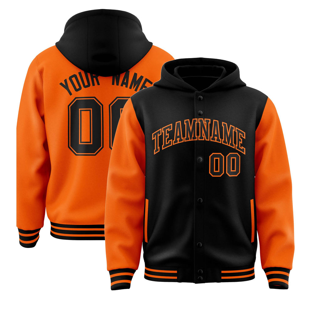 Custom Black Orange Raglan Sleeves Varsity Full-Snap Letterman Two Tone Jacket Hoodie