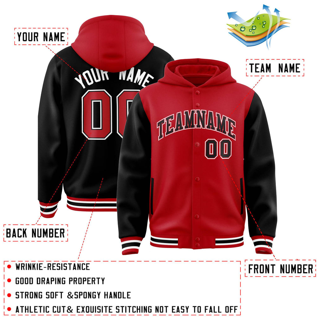 Custom Red Black Raglan Sleeves Varsity Full-Snap Letterman Two Tone Jacket Hoodie