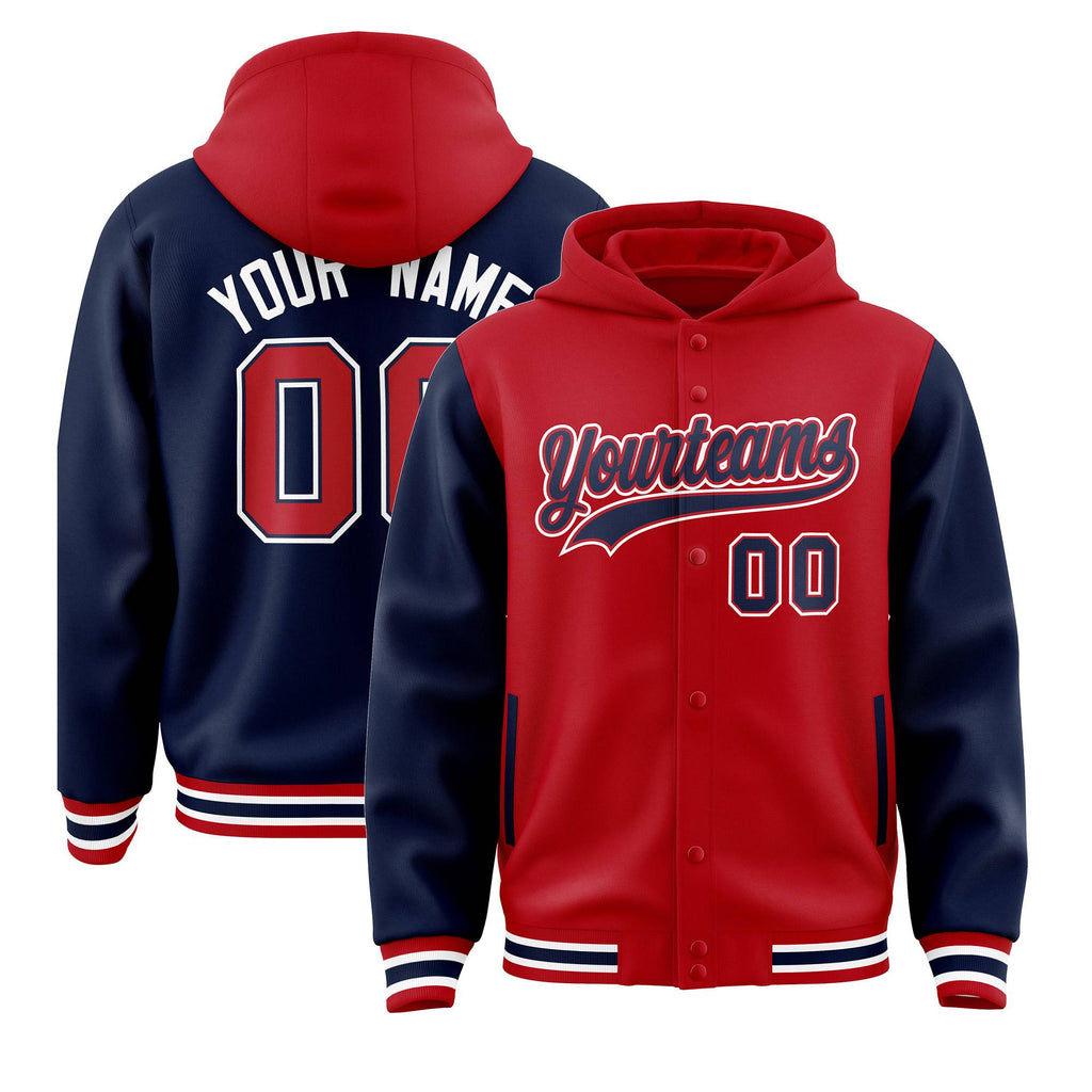 Custom Red Navy Raglan Sleeves Varsity Full-Snap Letterman Two Tone Jacket Hoodie