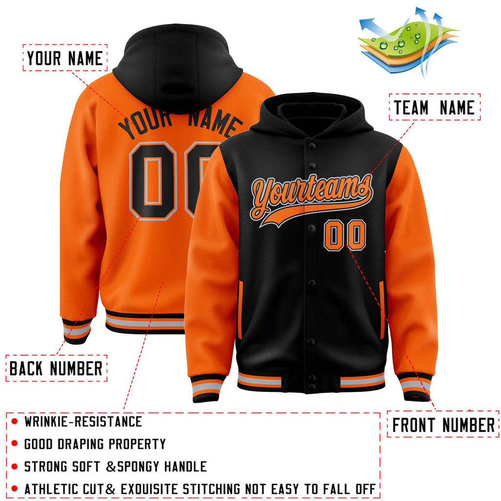 Custom Black Orange Raglan Sleeves Varsity Full-Snap Letterman Two Tone Jacket Hoodie