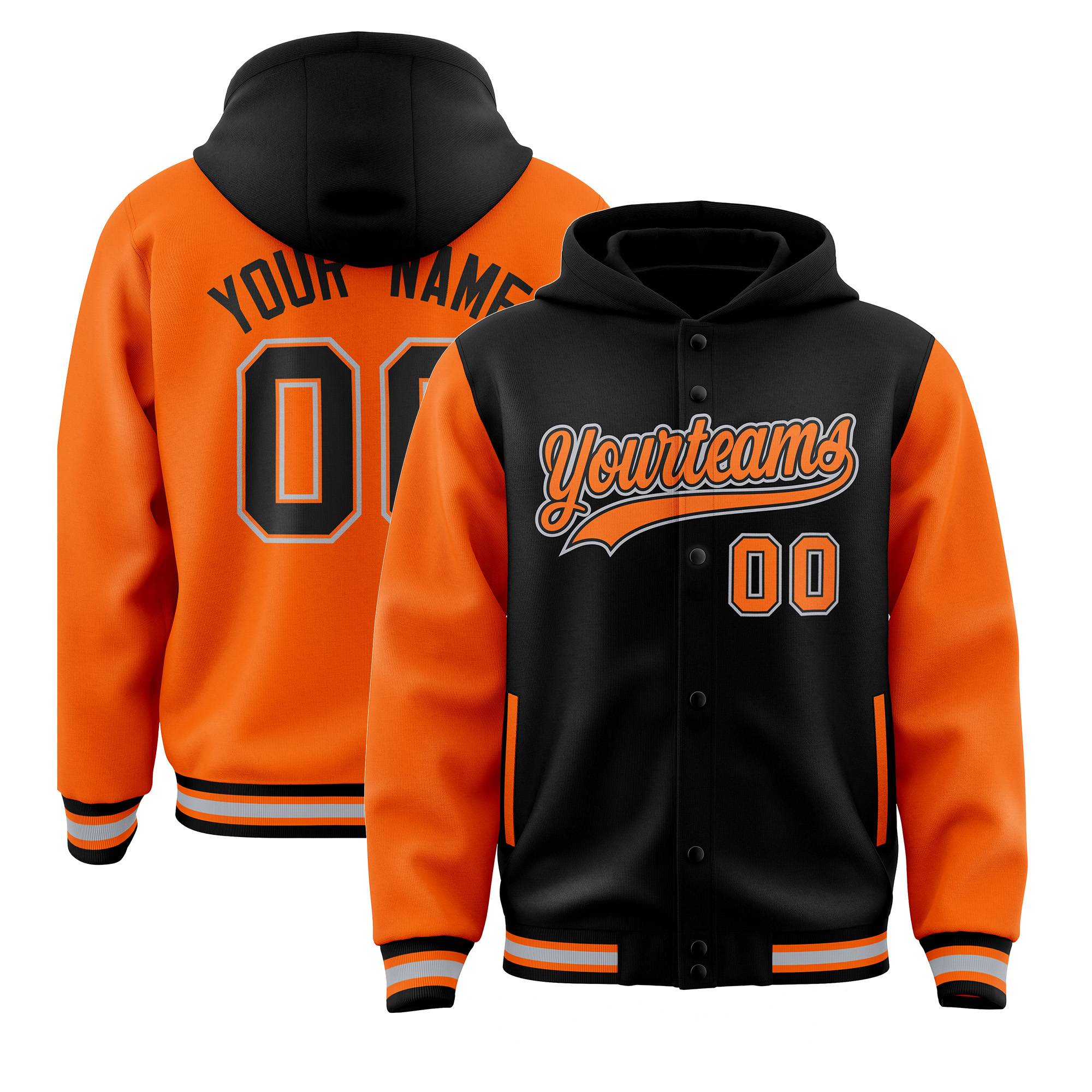 Custom Black Orange Raglan Sleeves Varsity Full-Snap Letterman Two Tone Jacket Hoodie