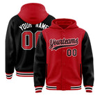 Custom Red Black Raglan Sleeves Varsity Full-Snap Letterman Two Tone Jacket Hoodie