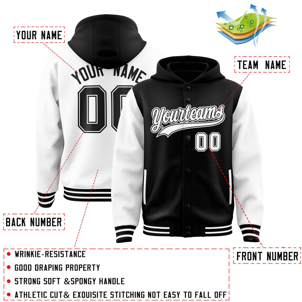 Custom Black White Raglan Sleeves Varsity Full-Snap Letterman Two Tone Jacket Hoodie