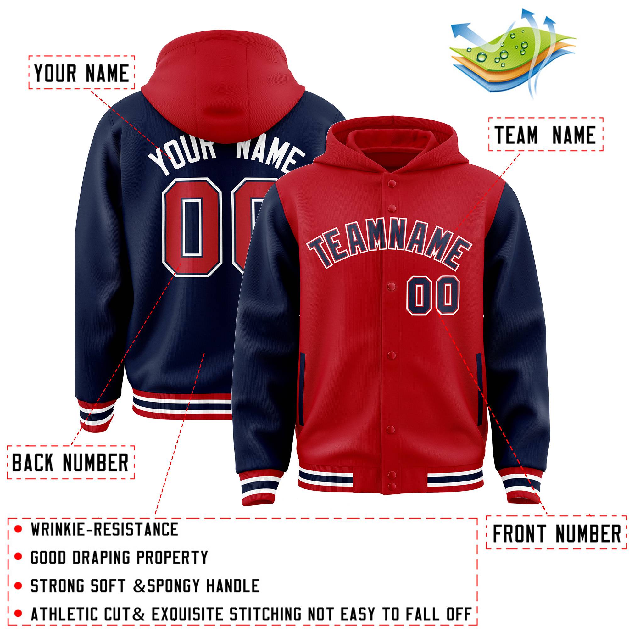 Custom Red Navy Raglan Sleeves Varsity Full-Snap Letterman Two Tone Jacket Hoodie