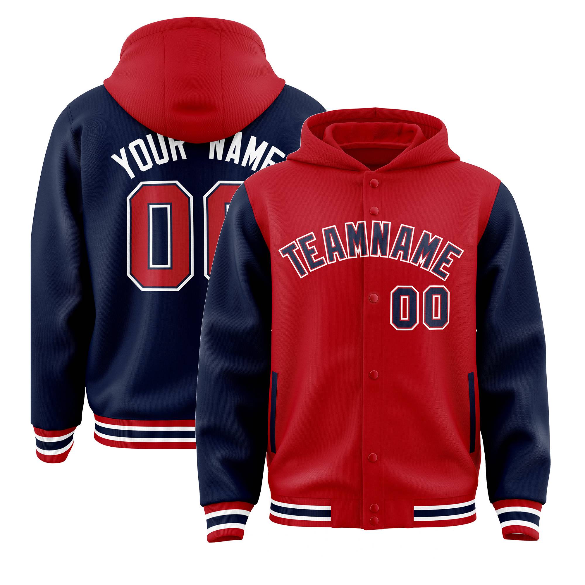 Custom Red Navy Raglan Sleeves Varsity Full-Snap Letterman Two Tone Jacket Hoodie