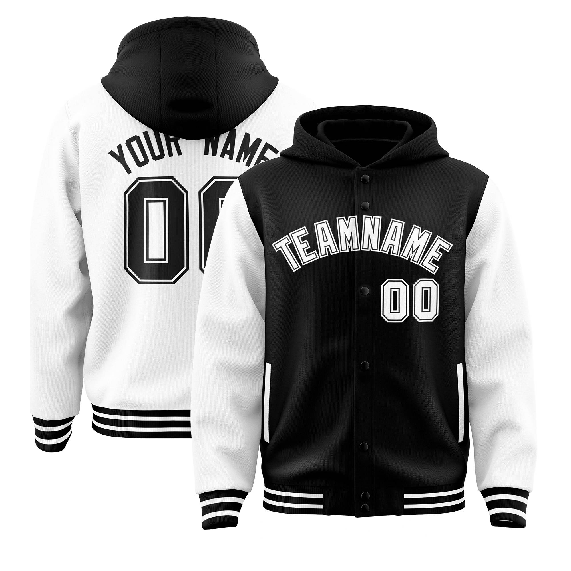 Custom Black White Raglan Sleeves Varsity Full-Snap Letterman Two Tone Jacket Hoodie