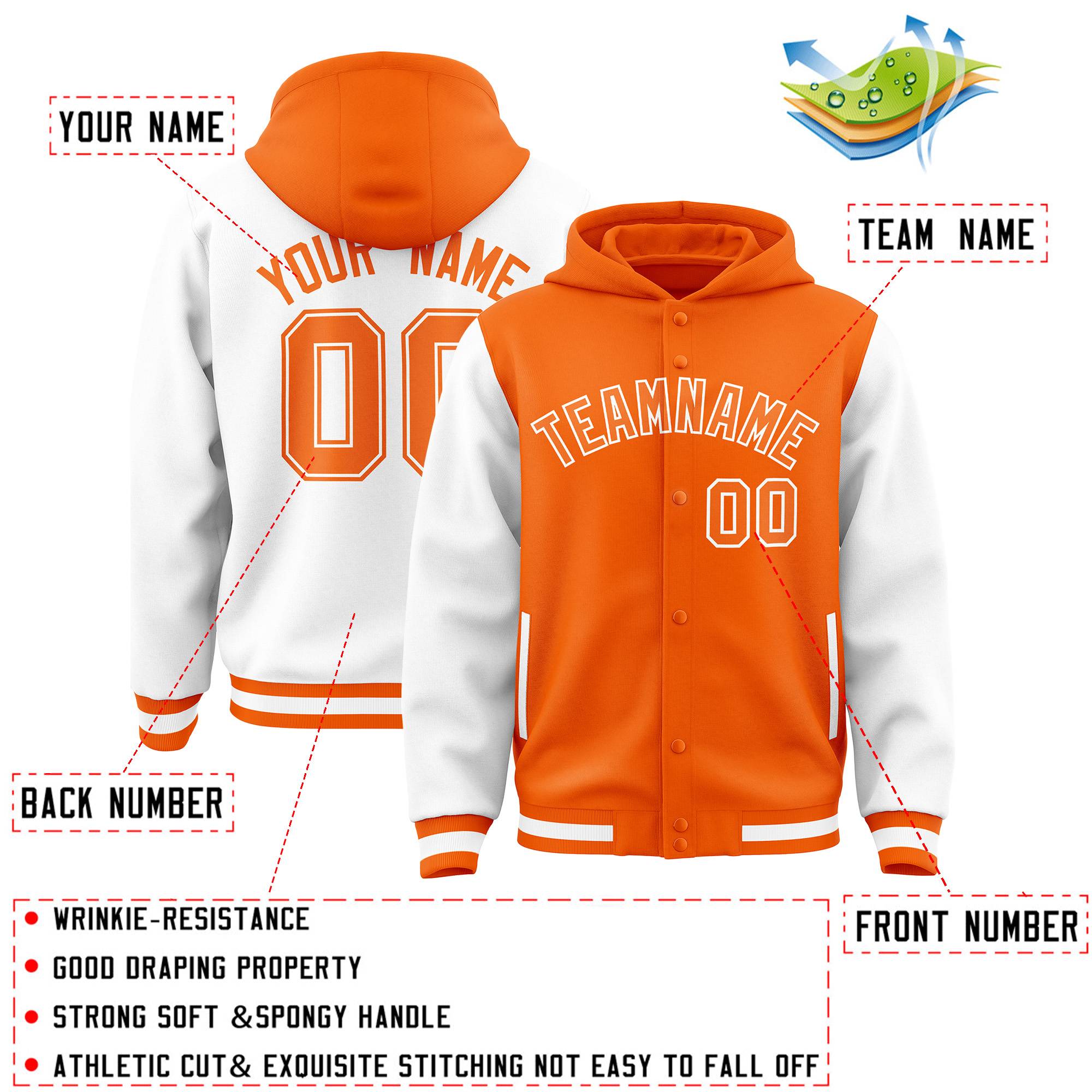 Custom Orange White Raglan Sleeves Varsity Full-Snap Letterman Two Tone Jacket Hoodie